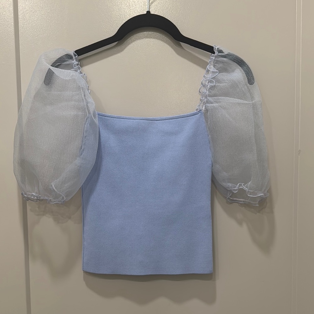Zara Blue Fitted Puff Sleeve Blouse